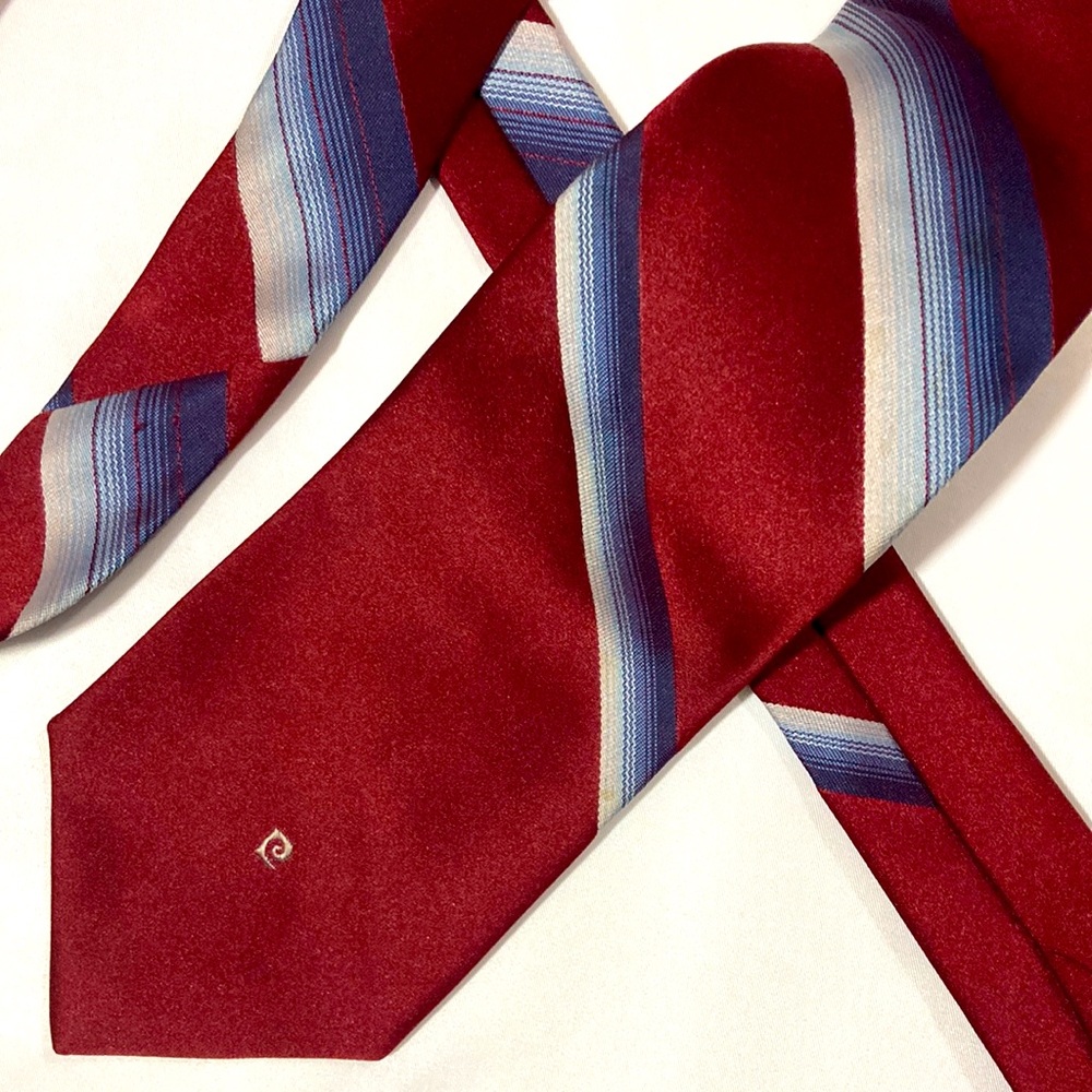 Pierre Cardin Mens Necktie Vintage Burgundy Gray Stripes Slim Preppy
